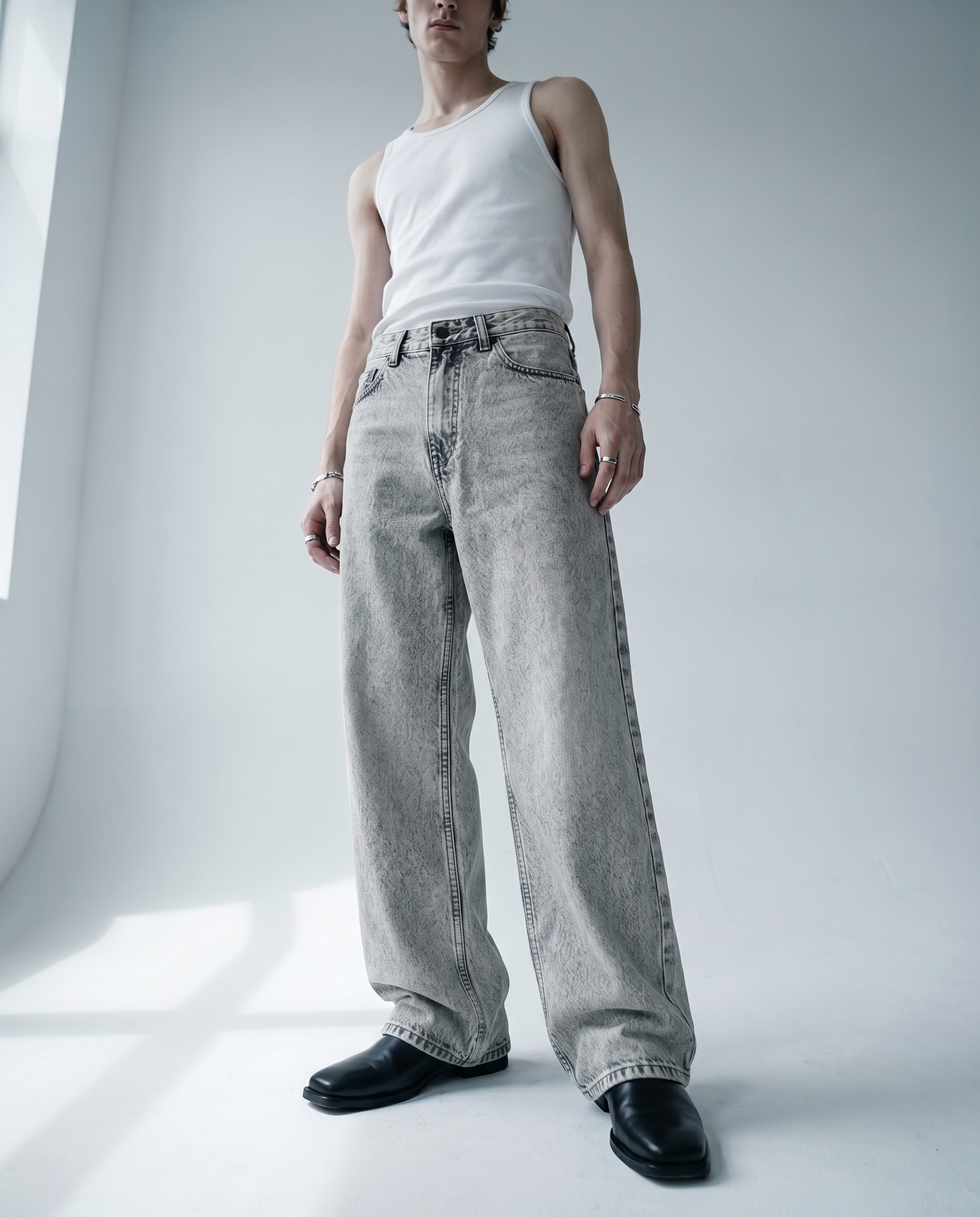 Ash Stone Baggy Denim Front Model View