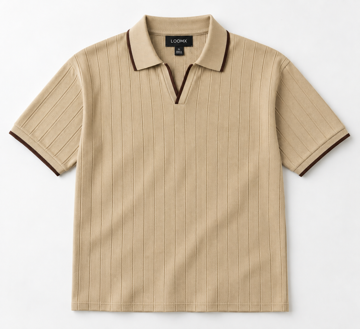 LOOMX Beige Drop Needle Polo with dark brown contrast tipping — front flat lay