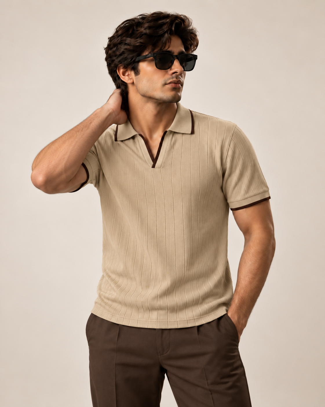 LOOMX Beige Drop Needle Polo — front model view