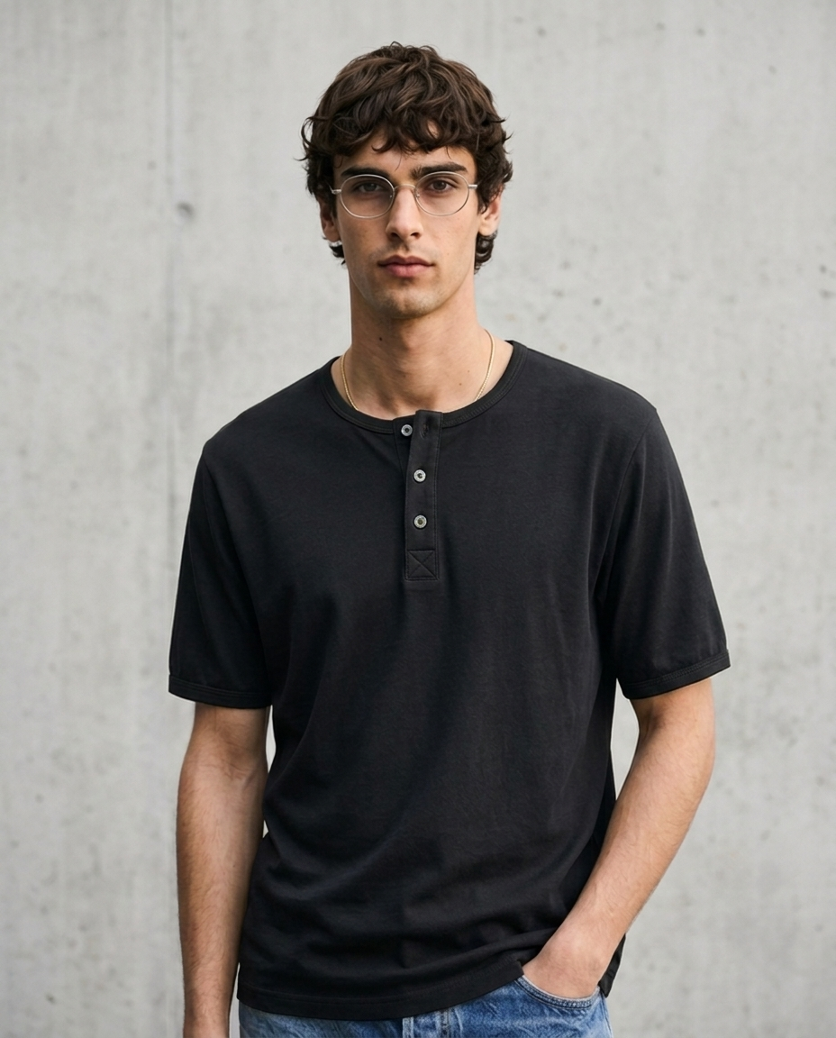 Black Scuba Henley Tee Model Front View