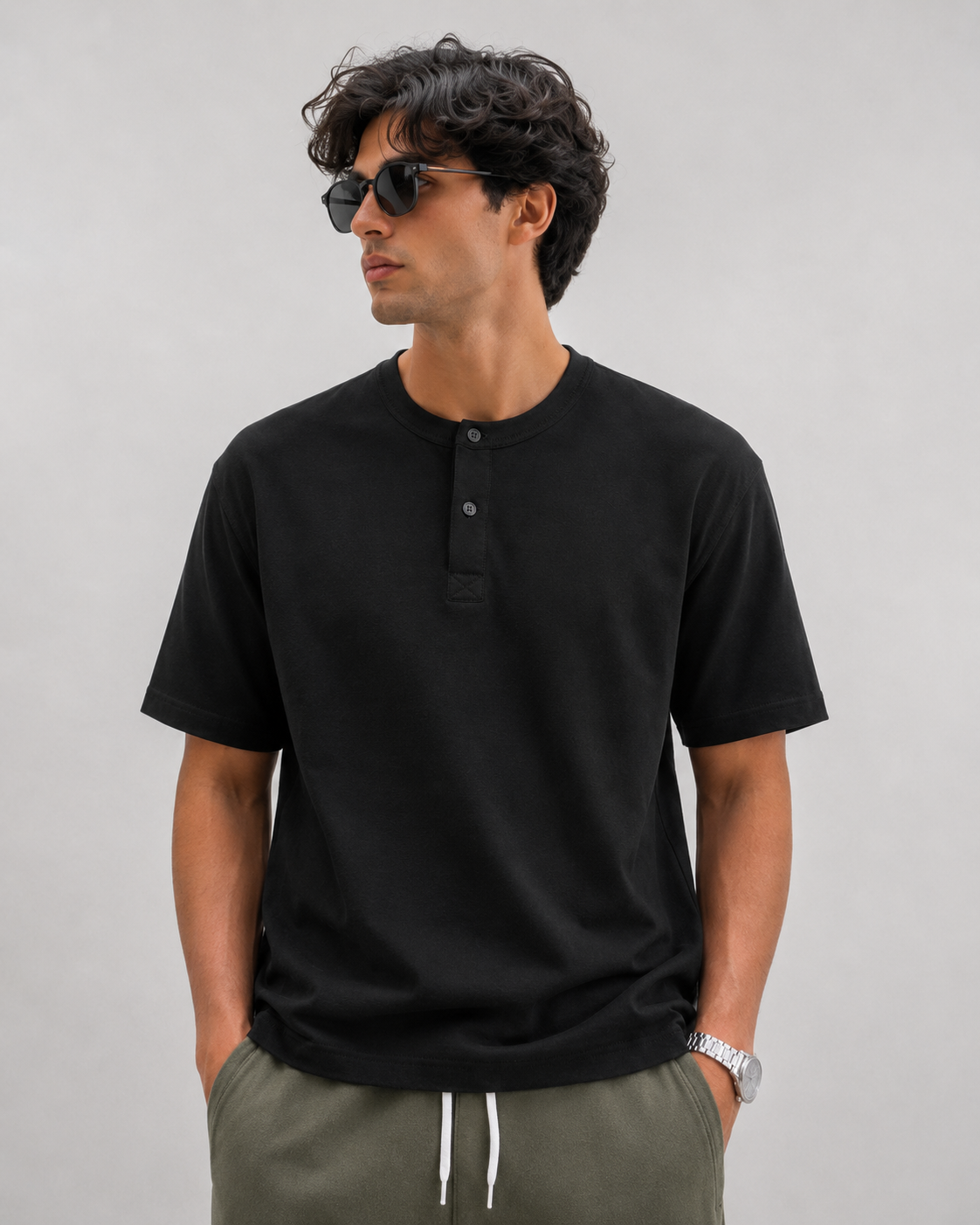 Black Scuba Henley Tee Model Front View