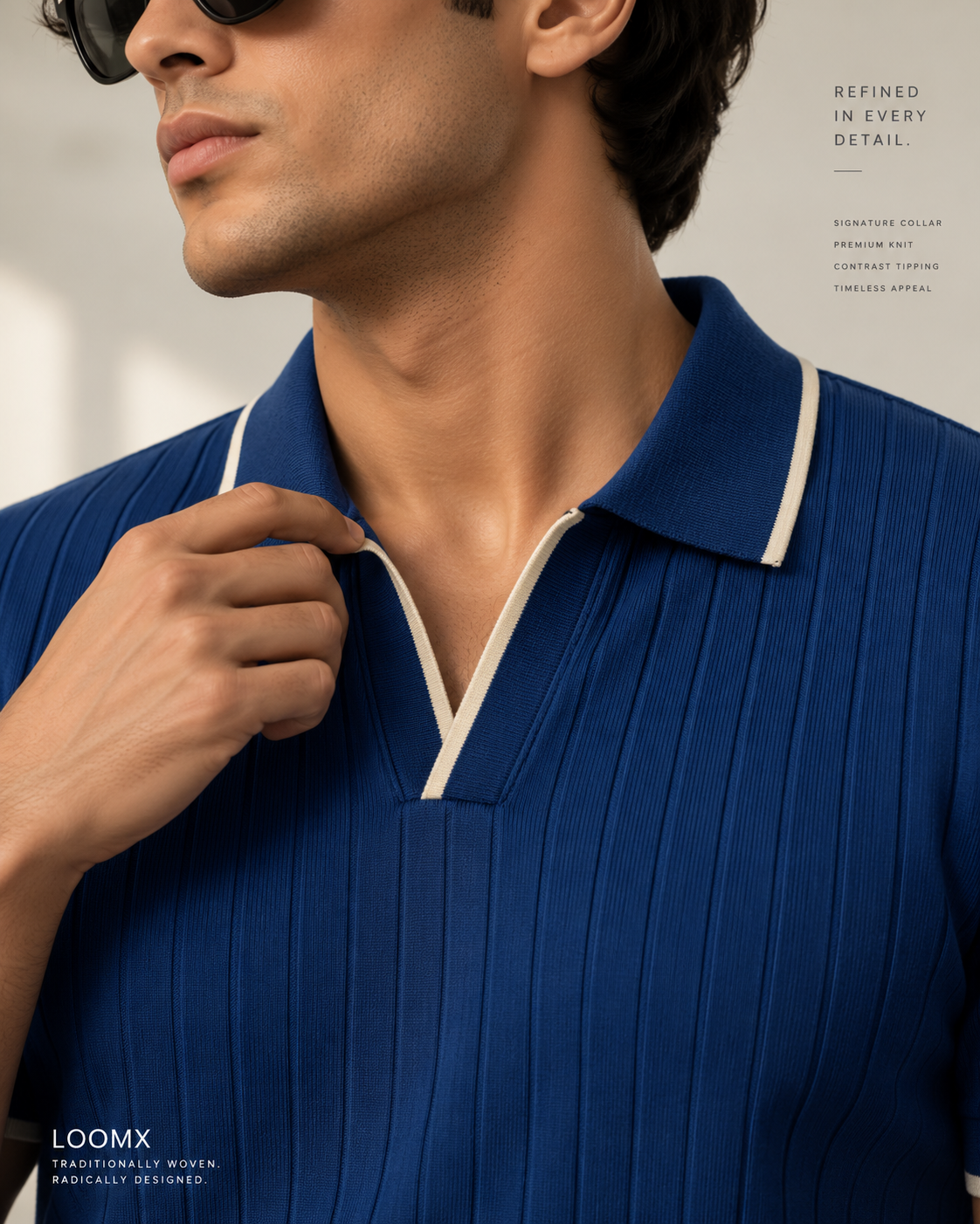 Blue drop needle polo open V neckline and beige contrast tipping — detail