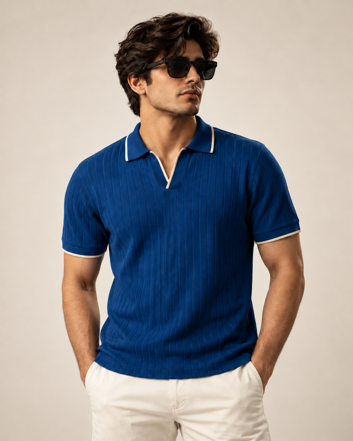 LOOMX Blue Drop Needle Polo — front model view