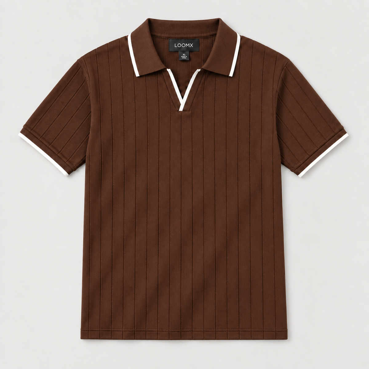 LOOMX Brown Drop Needle Polo with white contrast tipping — front flat lay