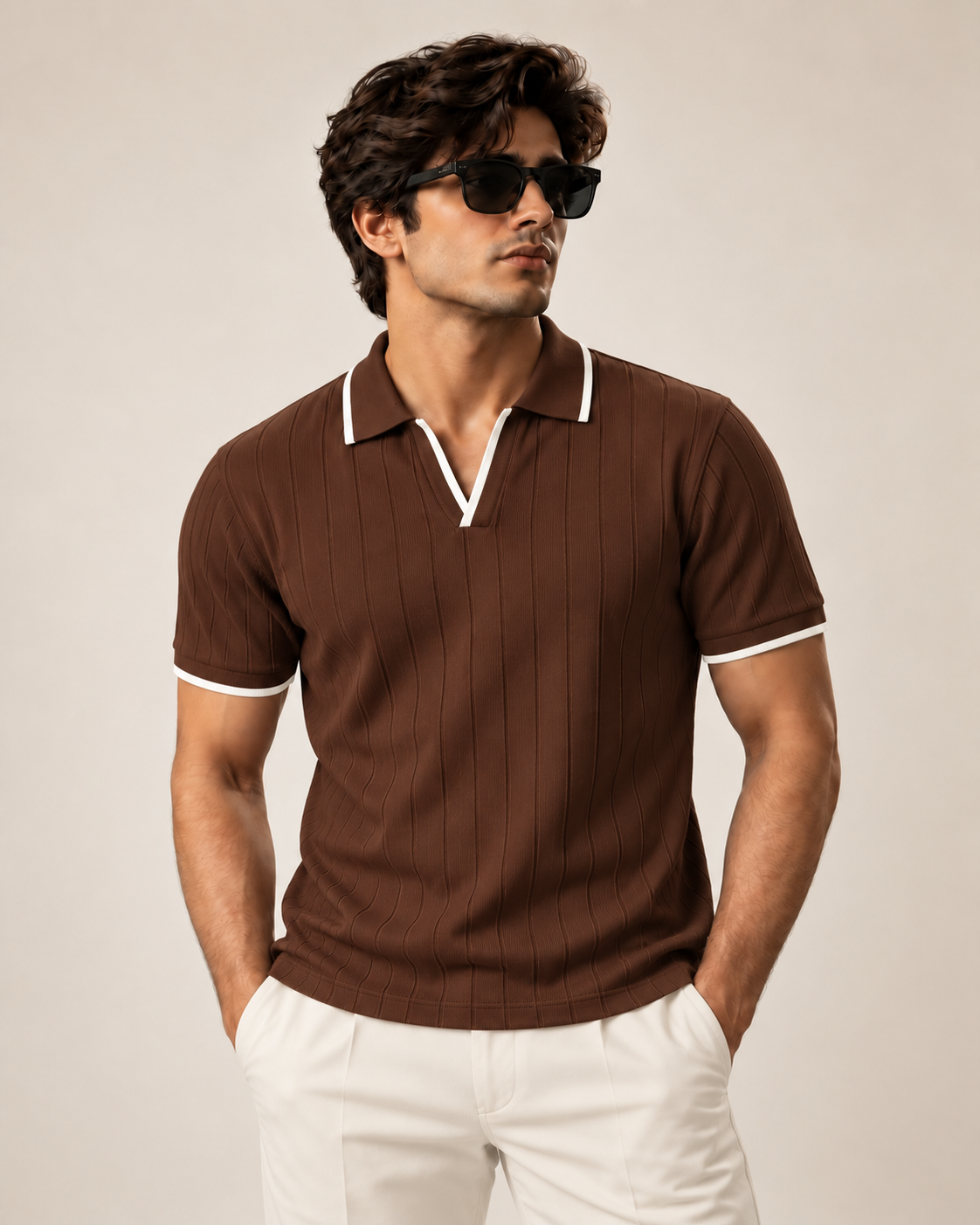 LOOMX Brown Drop Needle Polo — front model view