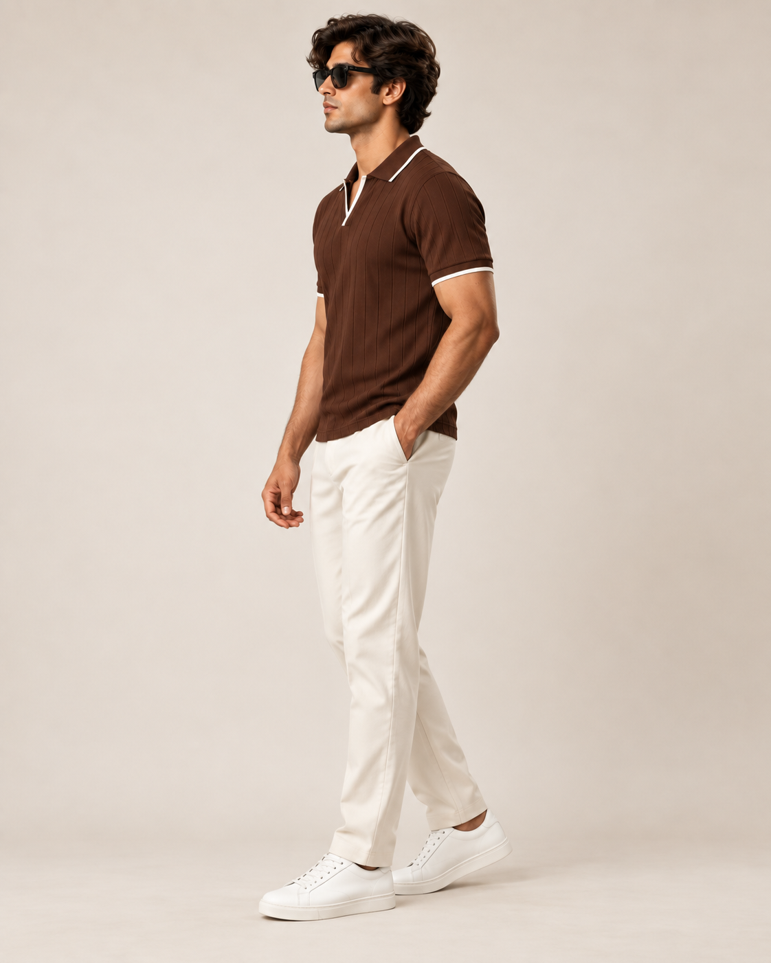 LOOMX Brown Drop Needle Polo — side model view