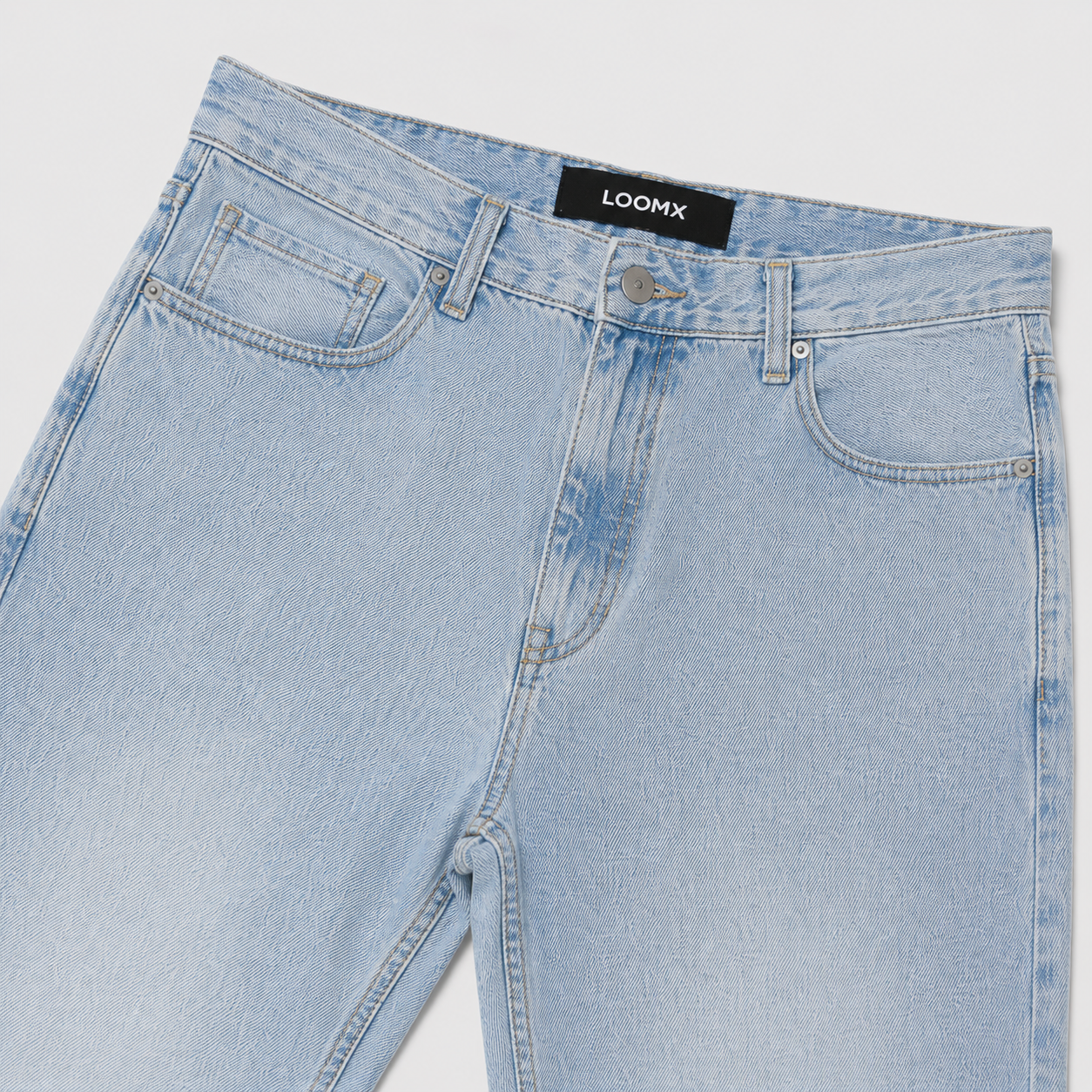 Frozen Sky Loose Fit Denim Front View Close Up
