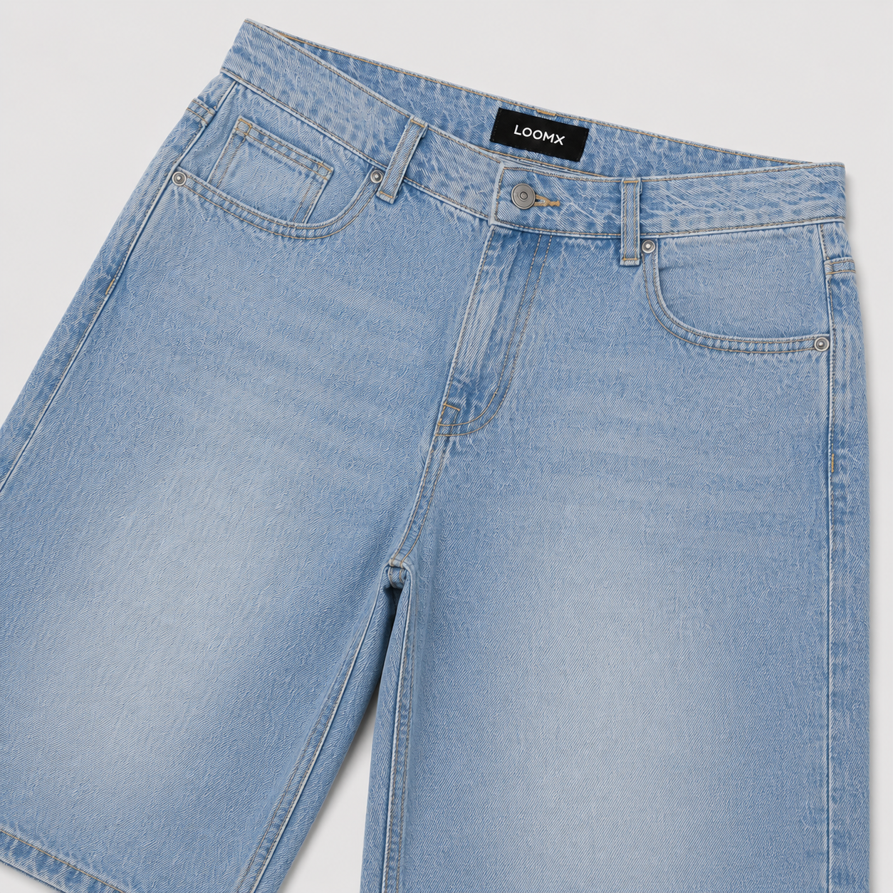 Glacier Wash Denim Jorts Front View Close Up