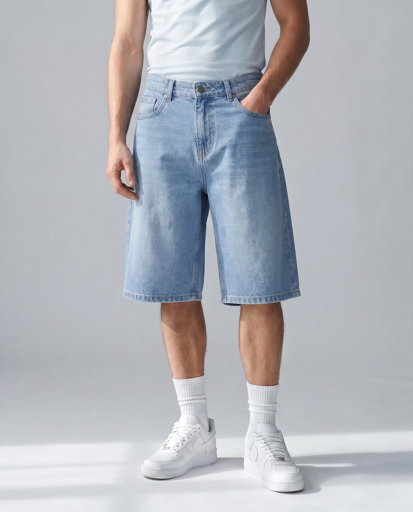 Glacier Wash Denim Jorts Front Model View