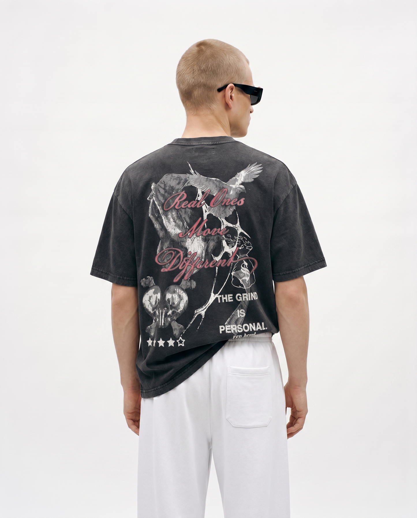 Hustle Acid Wash Oversized Graphic Tee Back Model View