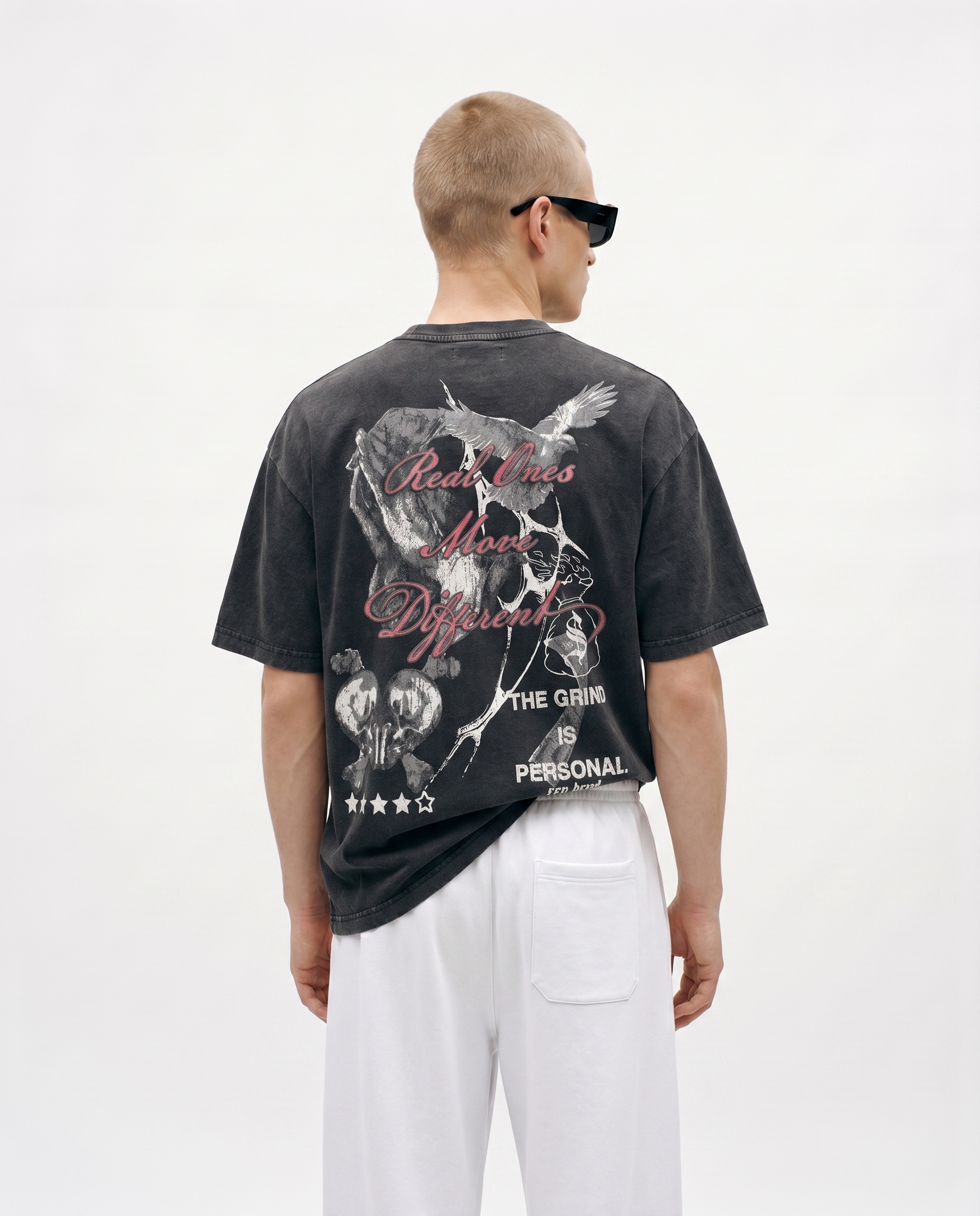 Hustle Acid Wash Oversized Graphic Tee Back Model View