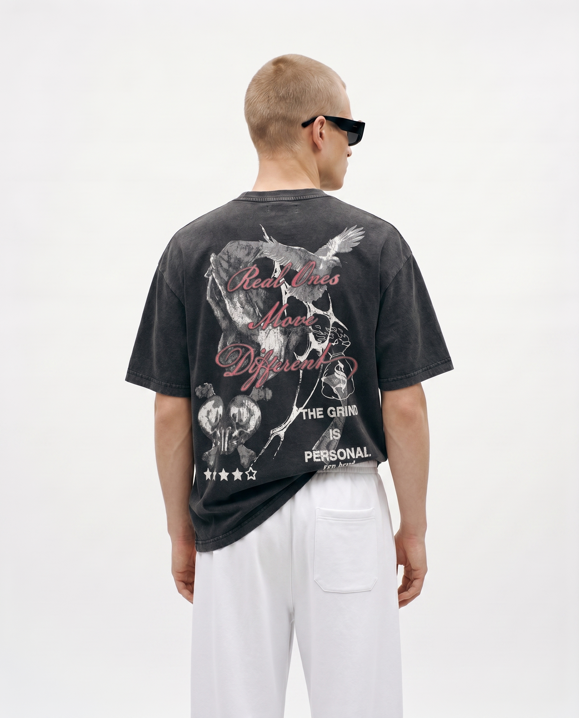 Hustle Acid Wash Oversized Graphic Tee Back Model View