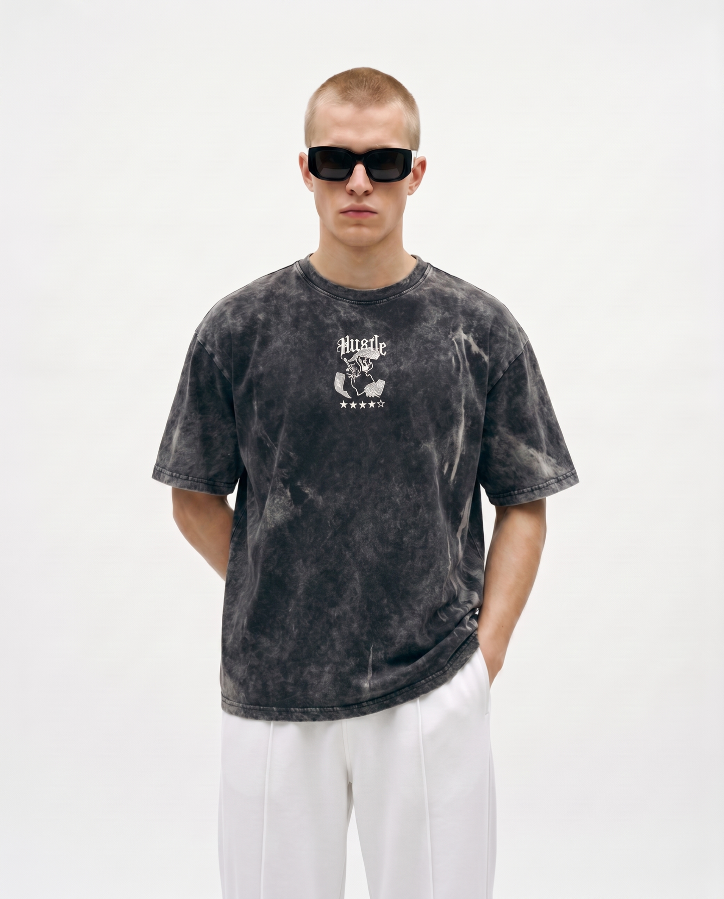 Hustle Acid Wash Oversized Graphic Tee Front Model View 