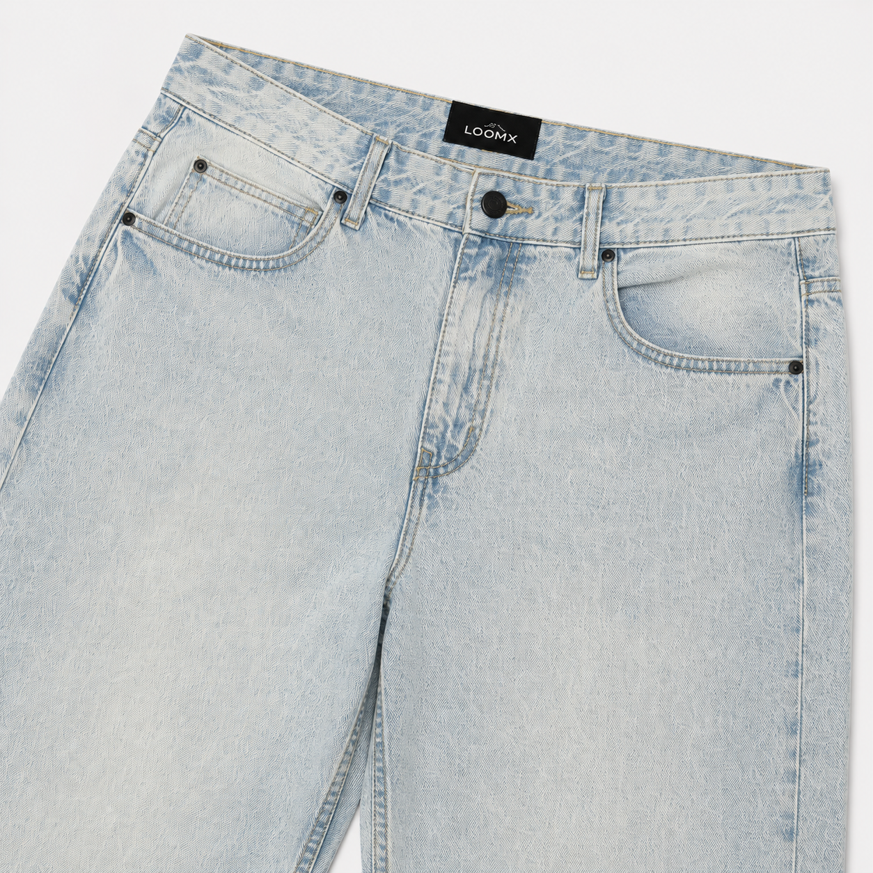 Ice Wash Baggy Denim Front View Close Up