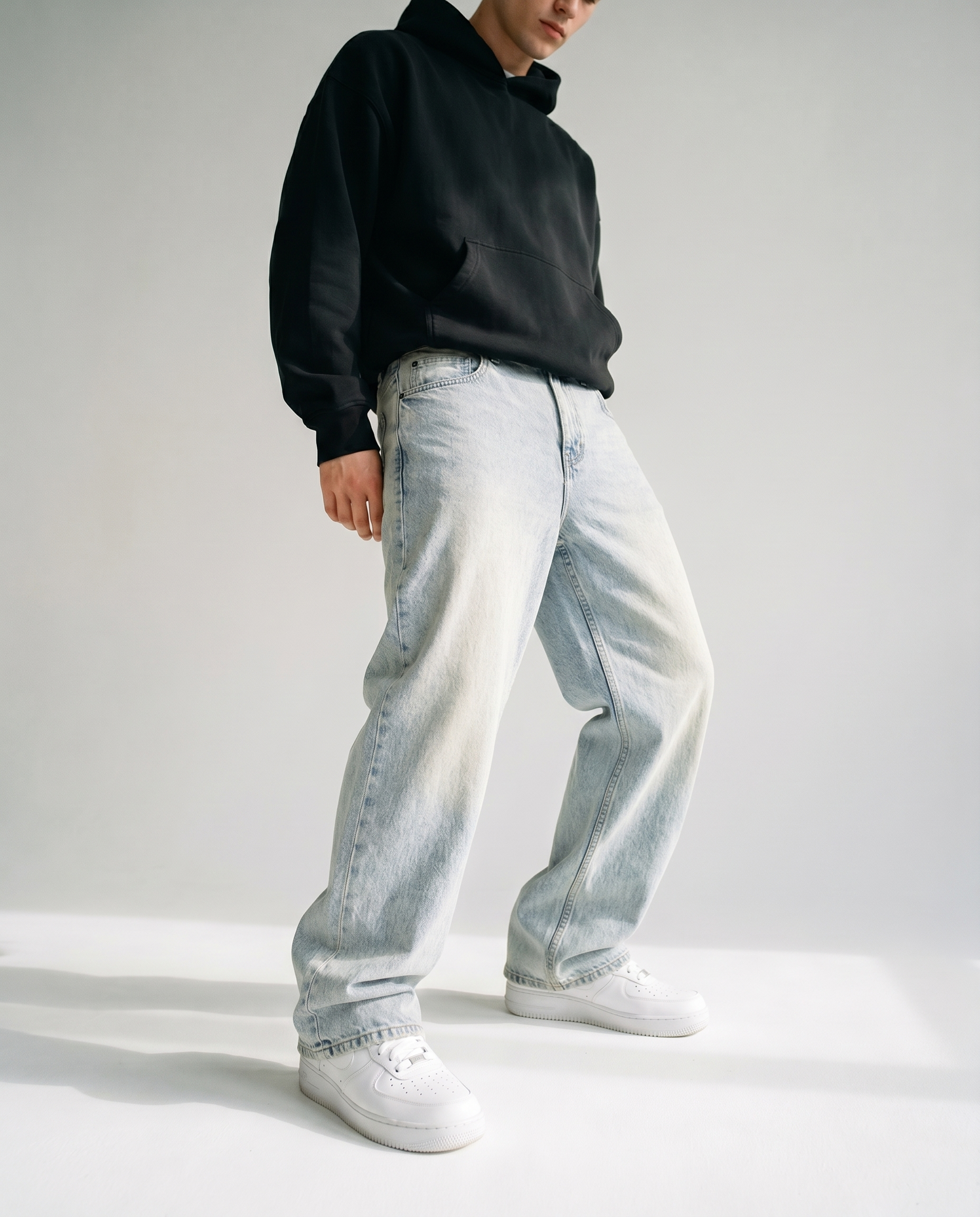Ice Wash Baggy Denim Front Model View