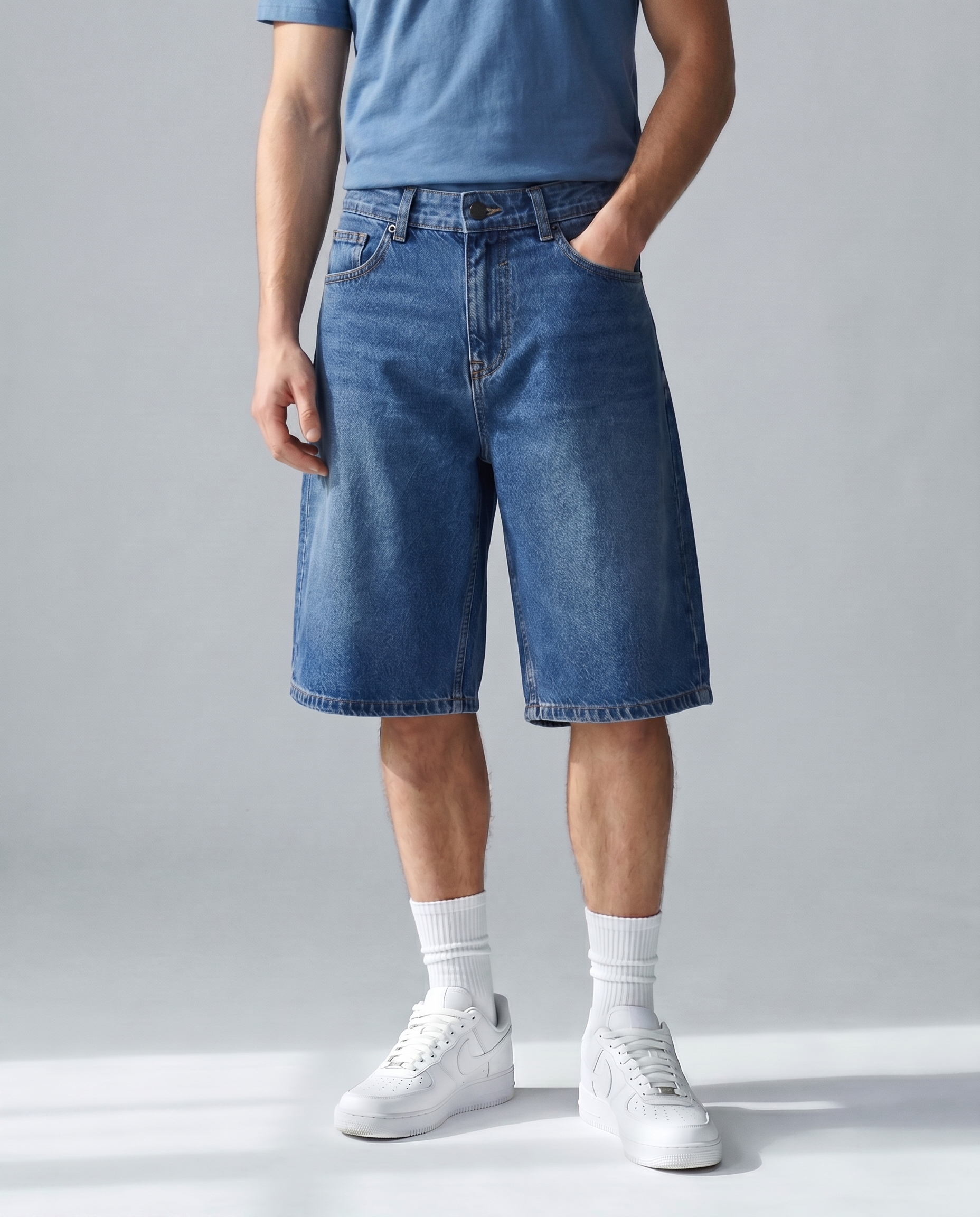 Indigo Core Denim Jorts Front Model View