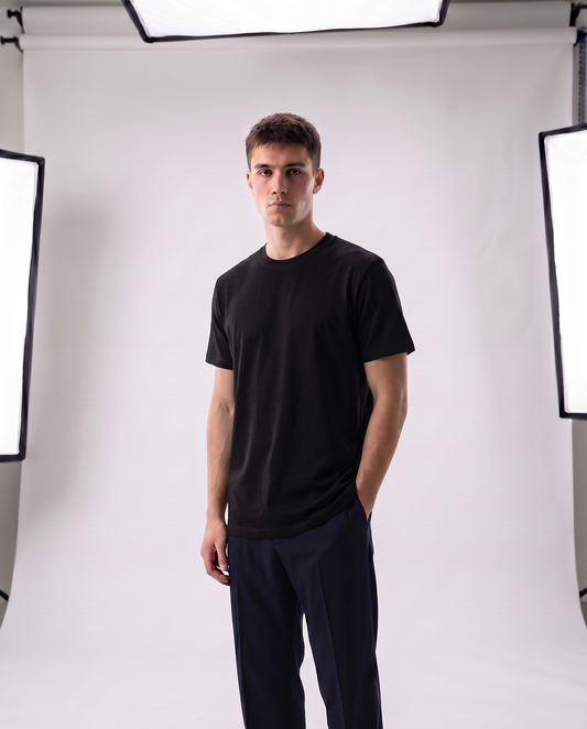 Jet Black Regular Fit Essential Tee Front Model View