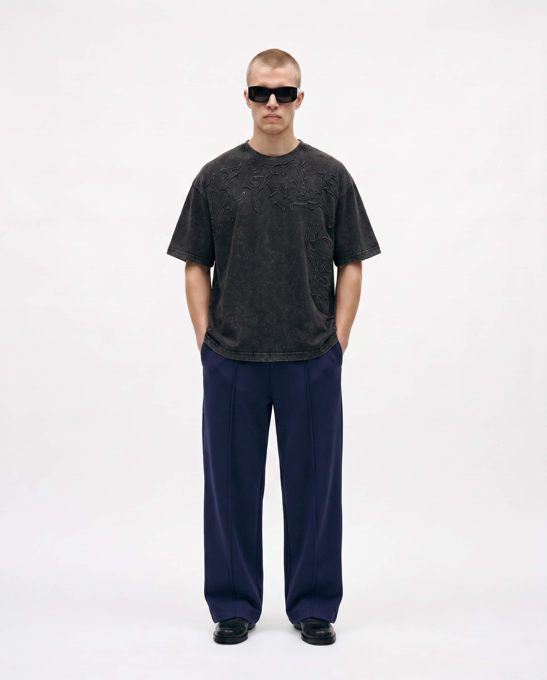 Legends Acidwashed Oversized Tee Front Model Embroidered Design