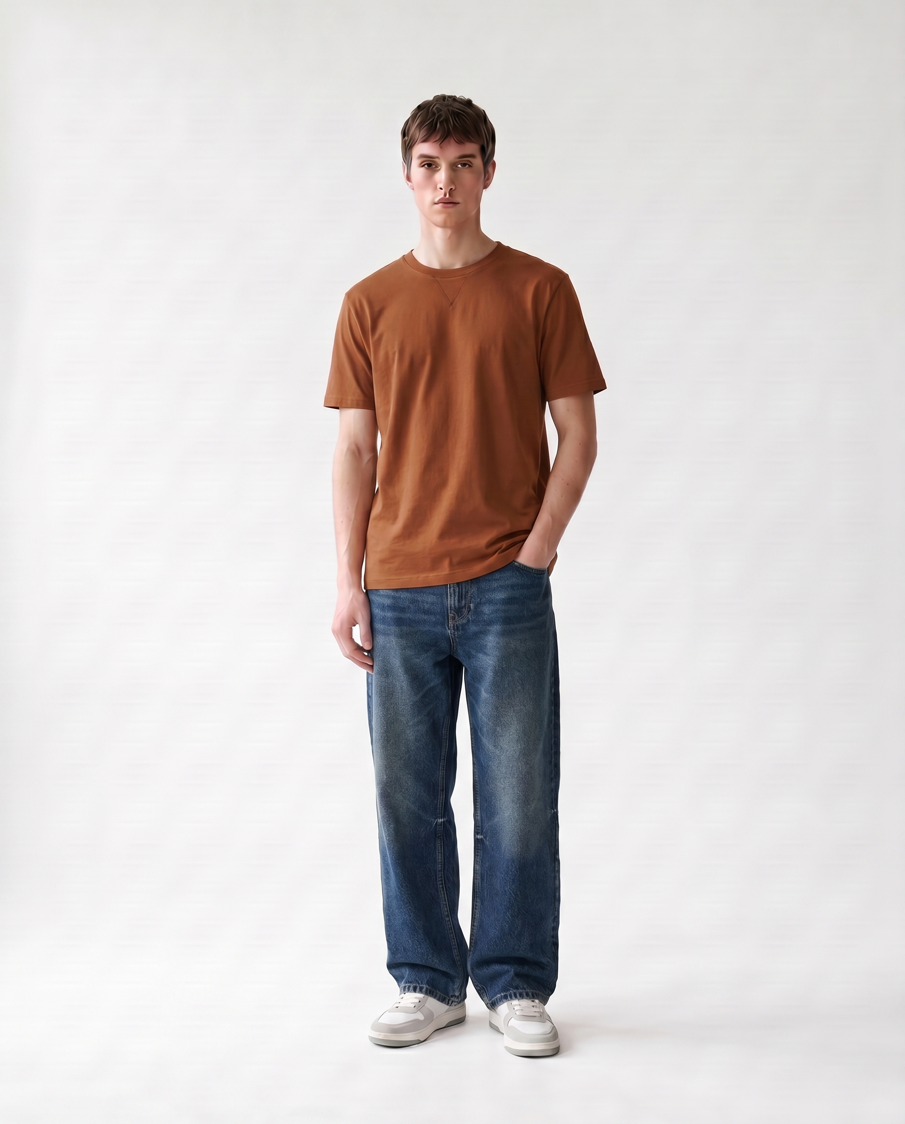 LoomX burnt orange regular fit unisex tee front model view