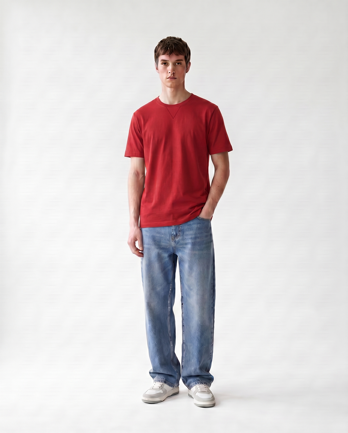 LoomX crimson red regular fit unisex tee front model view