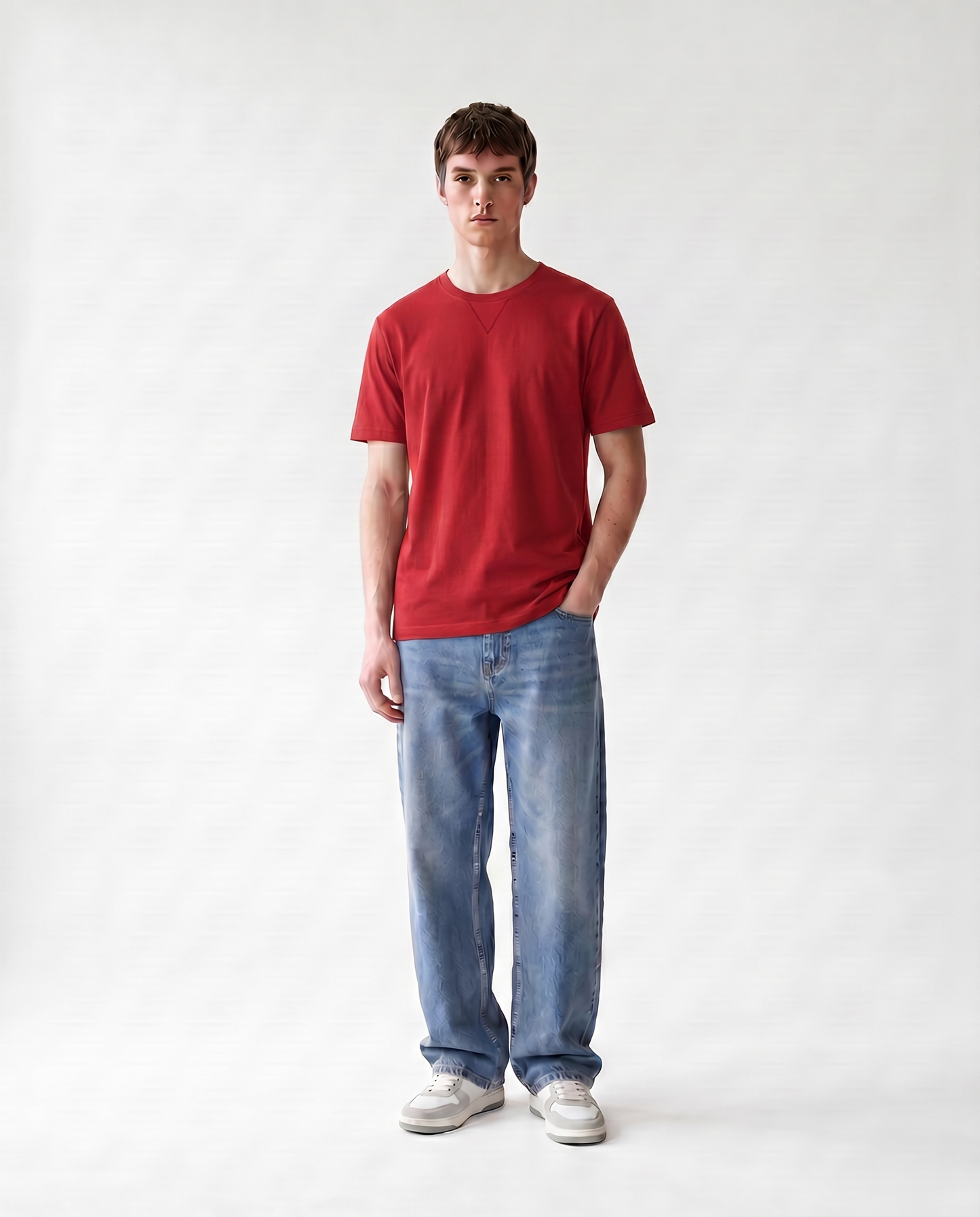 LoomX crimson red regular fit unisex tee front model view