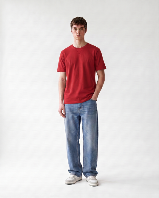 LoomX crimson red regular fit unisex tee front model view