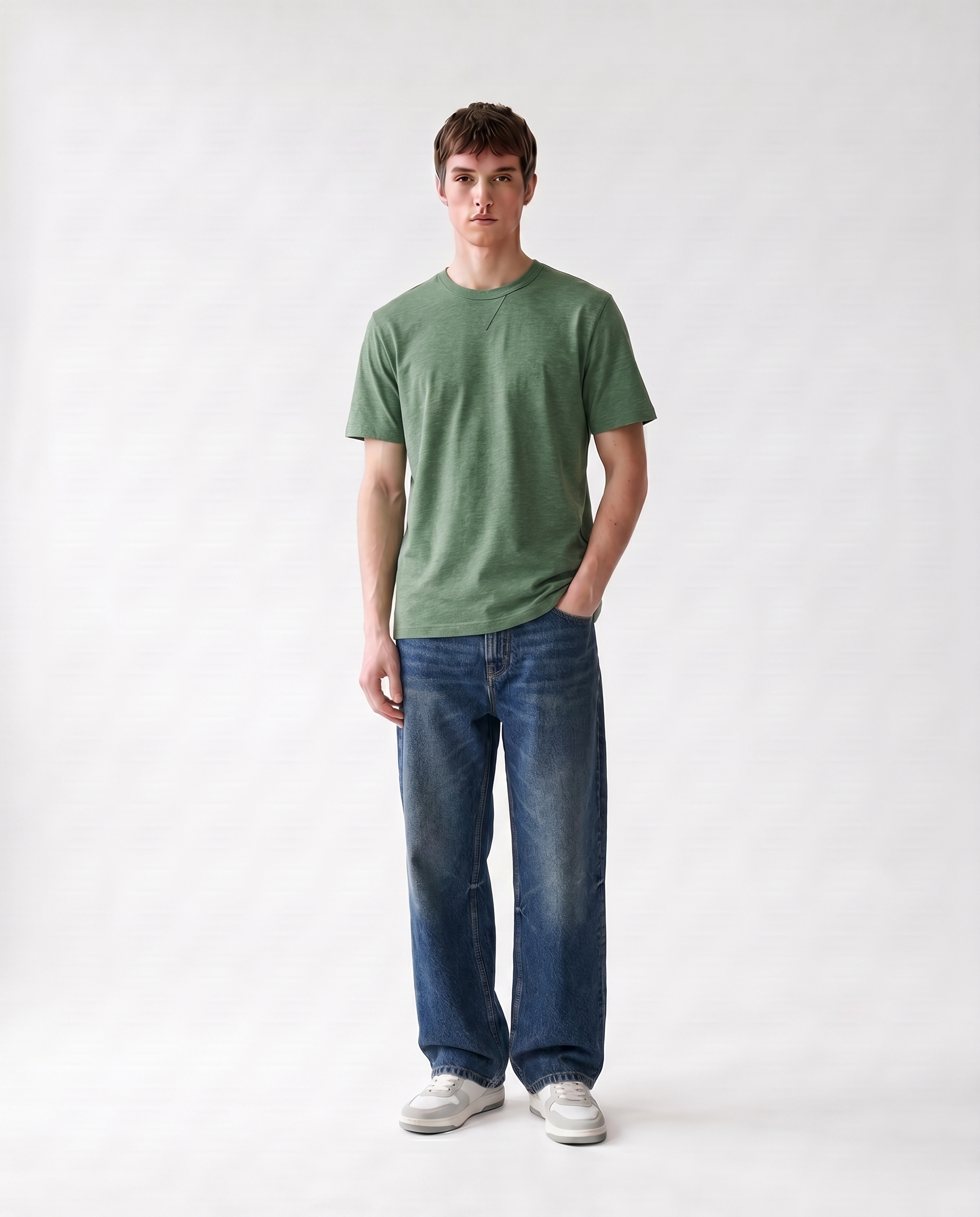 LoomX olive HTR regular fit unisex tee front model view