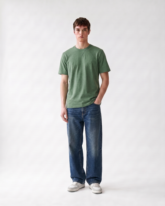 LoomX olive HTR regular fit unisex tee front model view