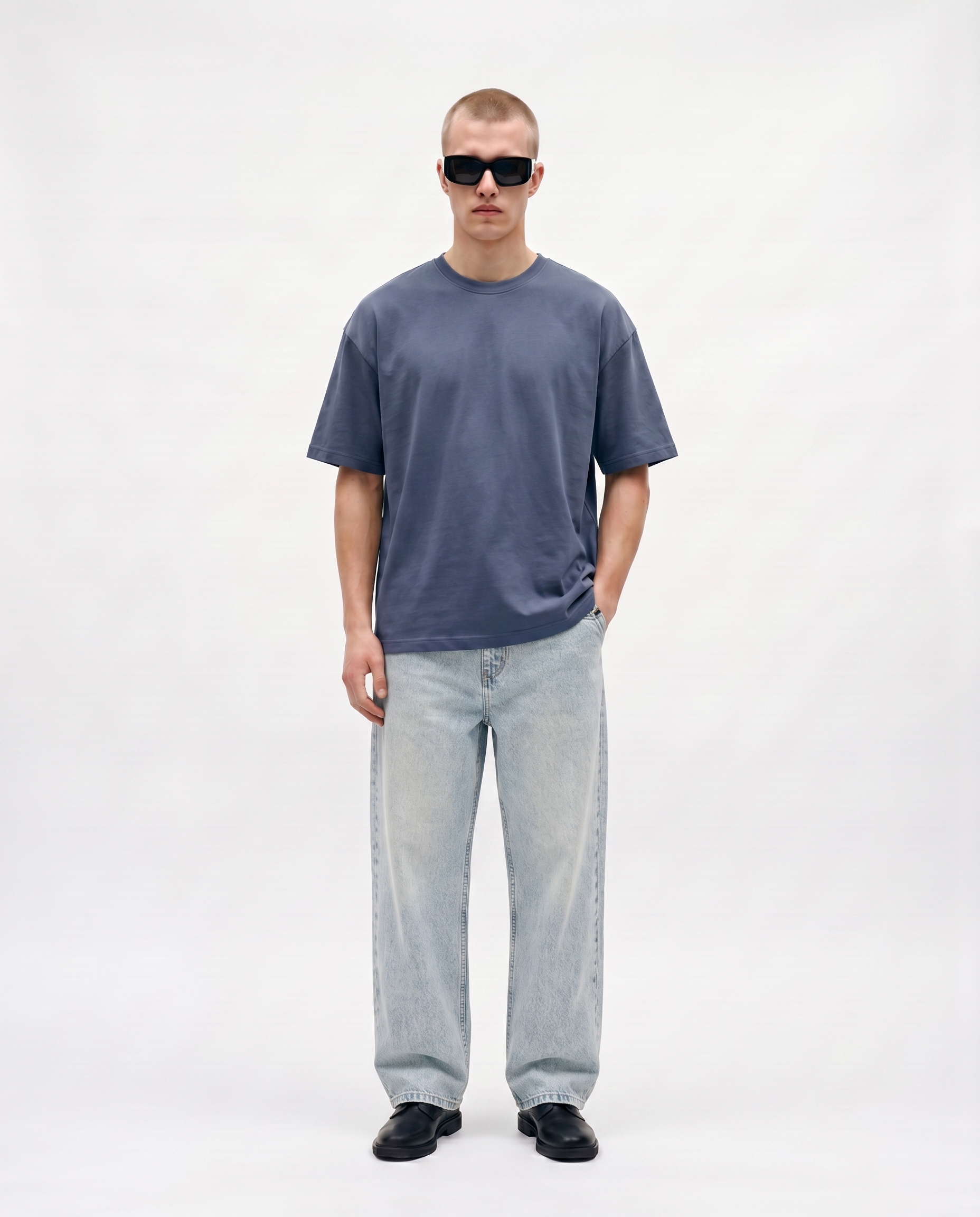 Midnight Slate Oversized Drop Shoulder Tee Front Model View