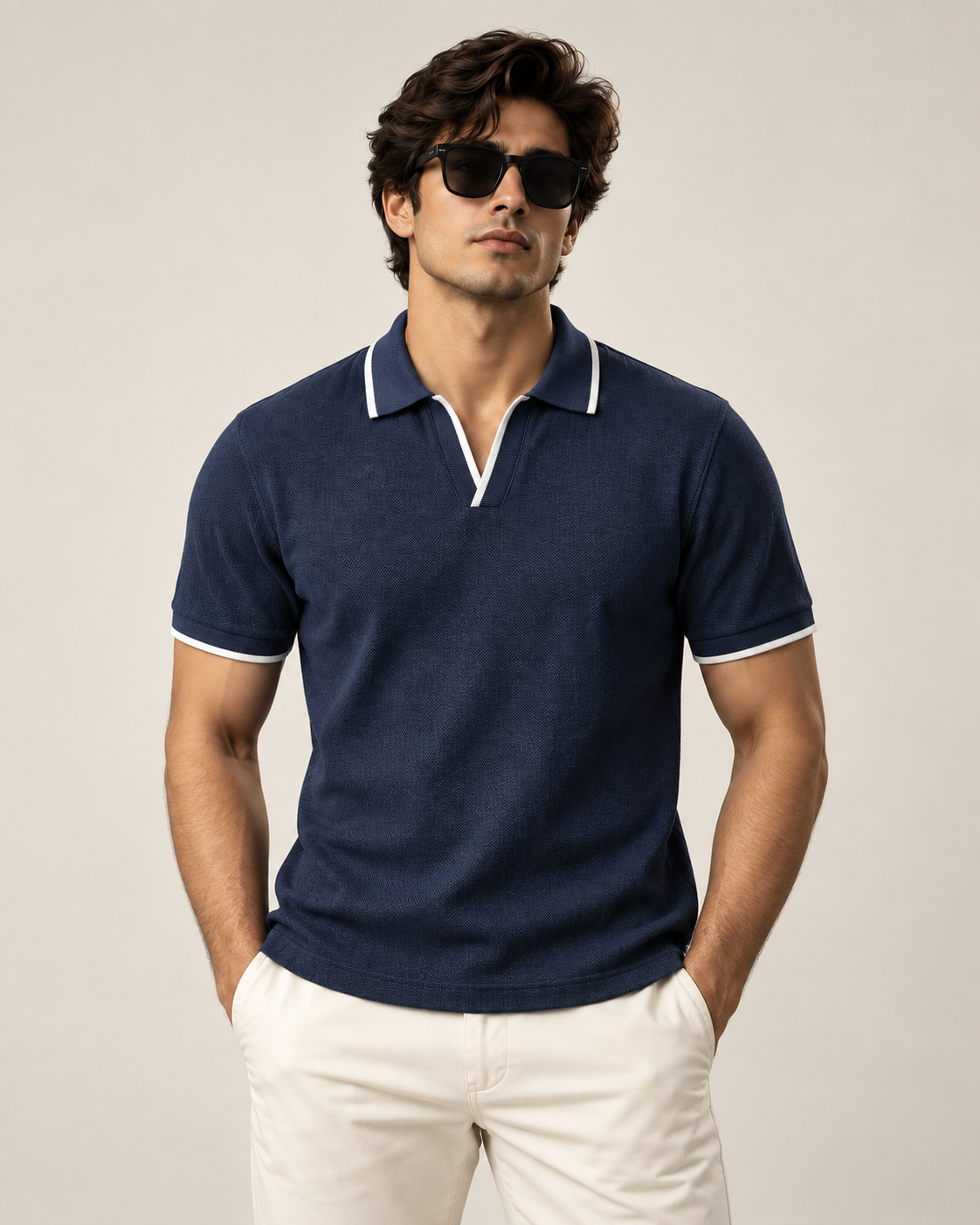 LOOMX Navy Piqué Polo — front model view