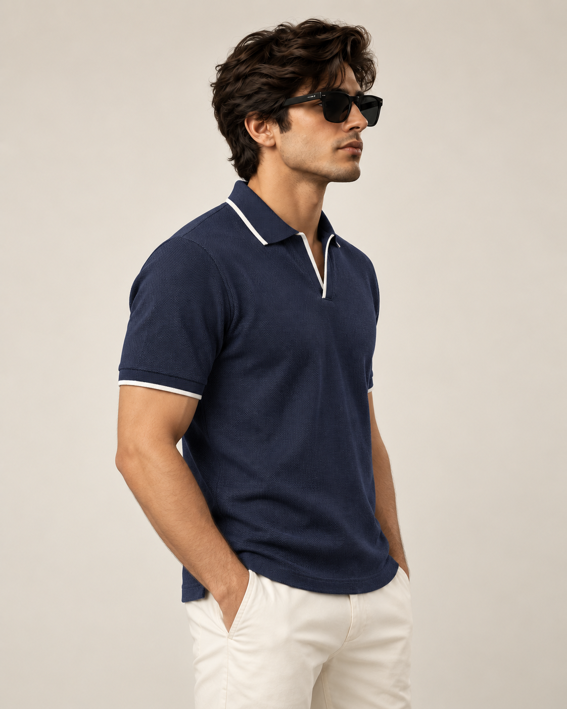 LOOMX Navy Piqué Polo — side model view