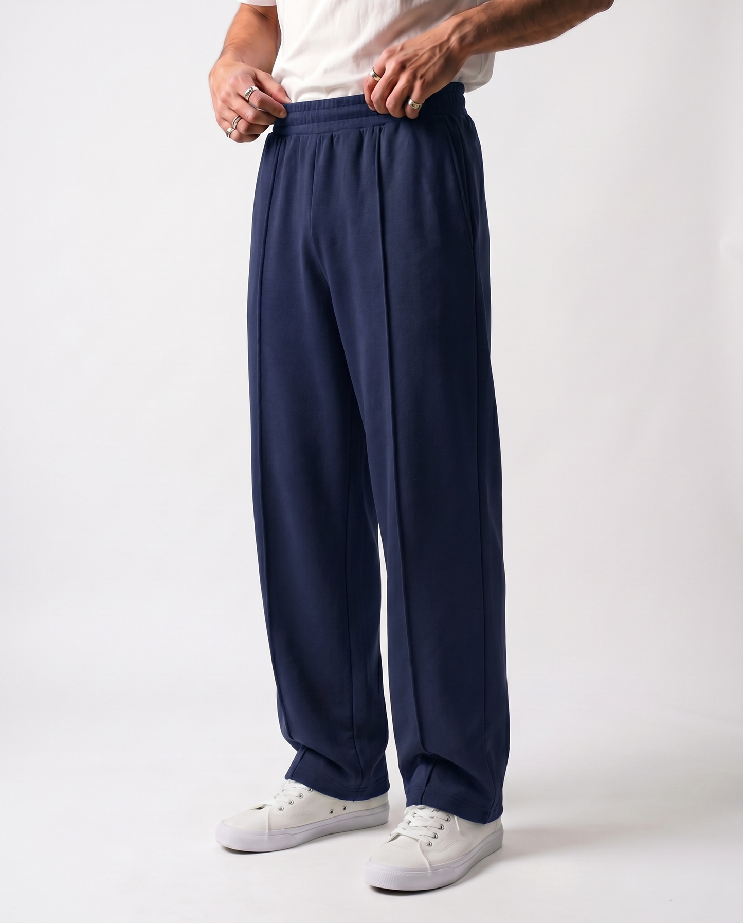 Navy Pleated Baggy Trouser Front Model View