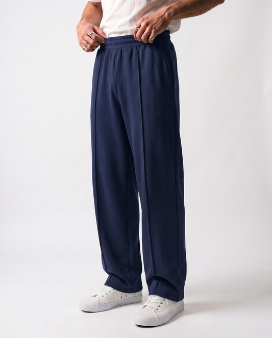 Navy Pleated Baggy Trouser Front Model View