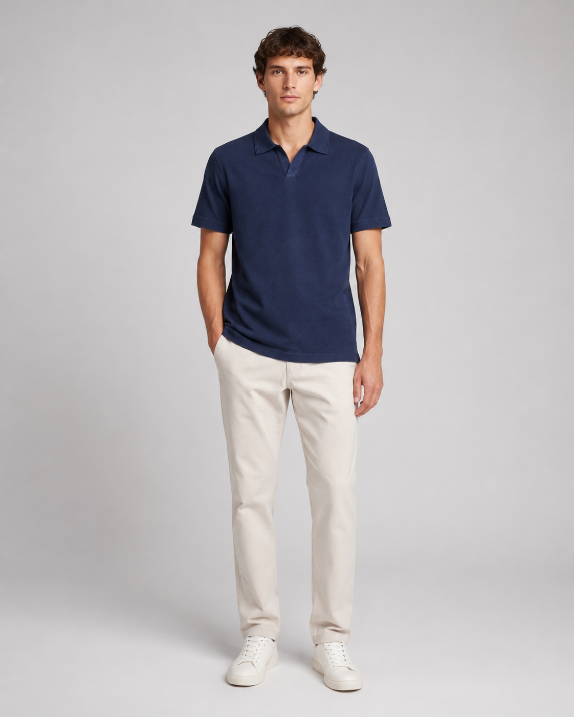 Navy Resort Collar Polo Tee Model Front View