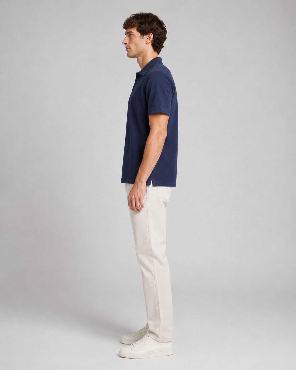 Navy Resort Collar Polo Tee Model Side View