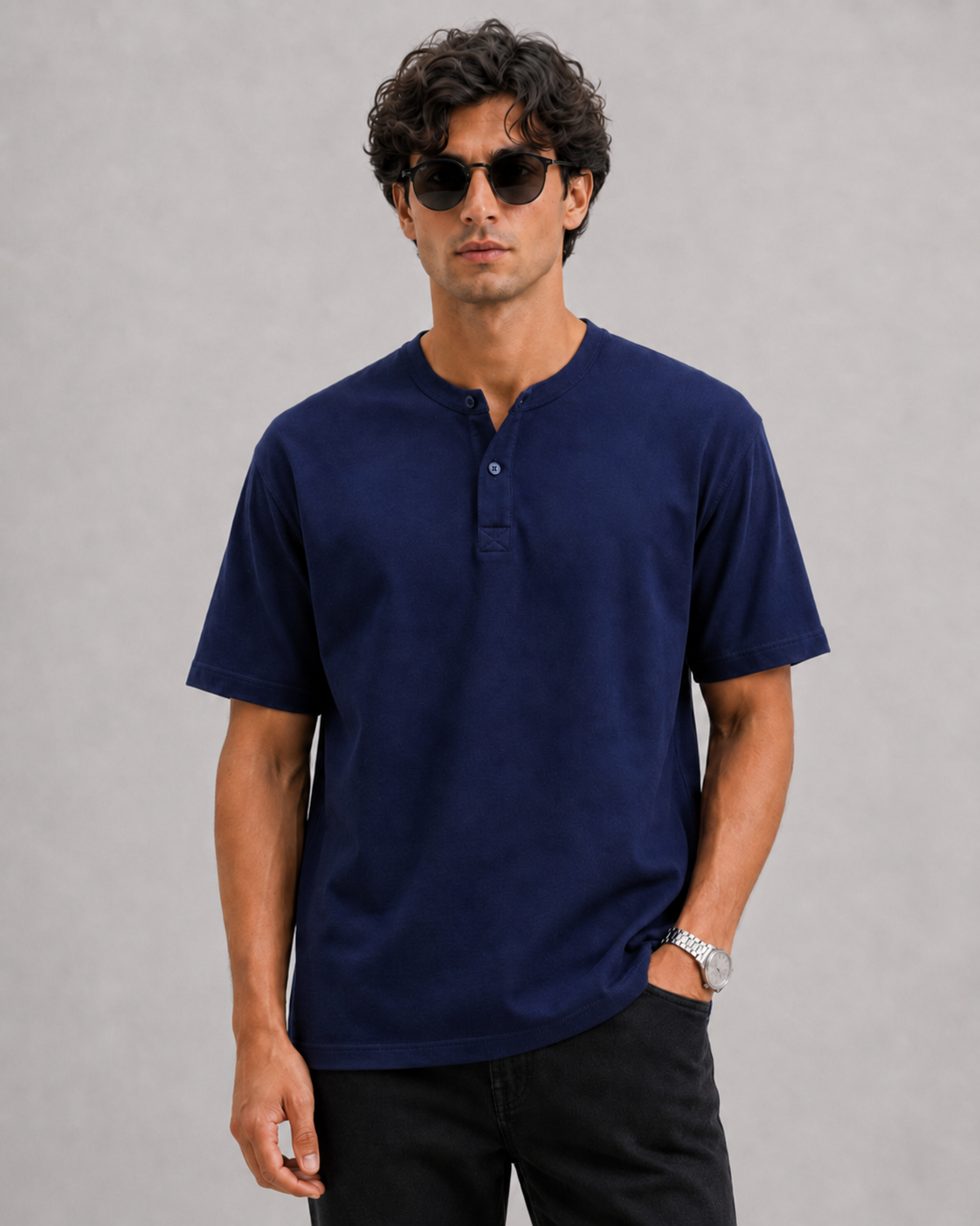 Navy Scuba Henley Tee Model Front View