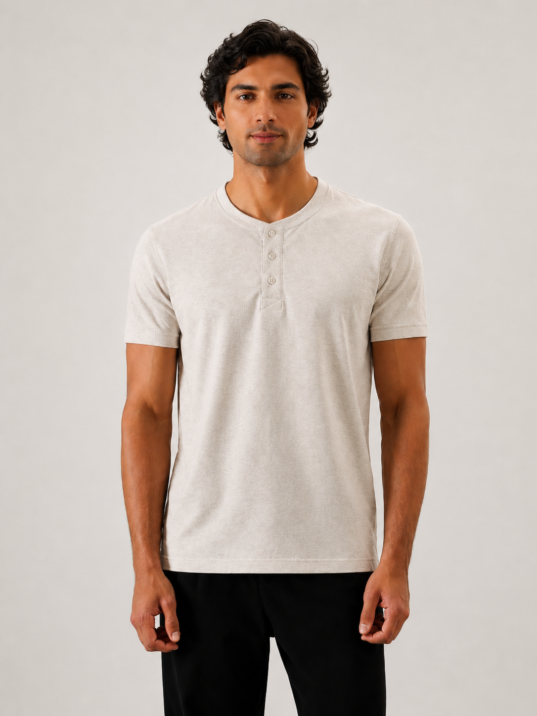 Oatmeal Henley Tee Model Front View