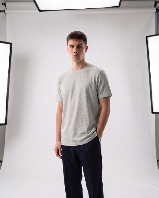 Oatmeal Regular Fit Essential Tee Front Model View