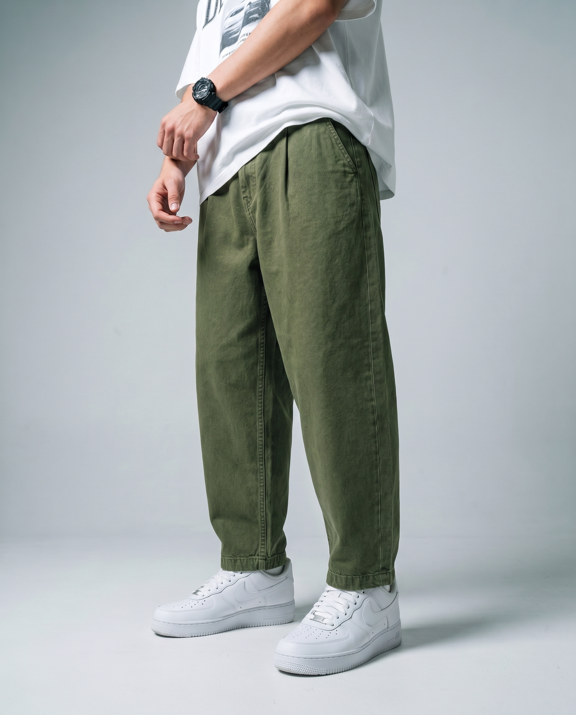 Olive Barrel Baggy Denim Front Model View