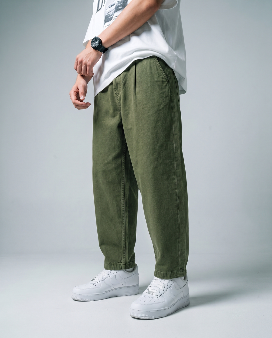 Olive Barrel Baggy Denim Front Model View