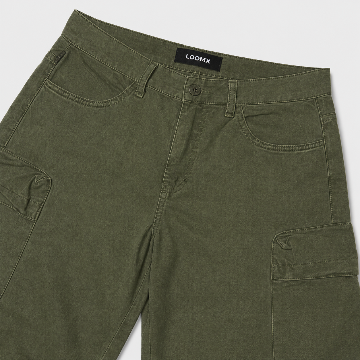 Olive Cargo Baggy Denim Front View Close Up