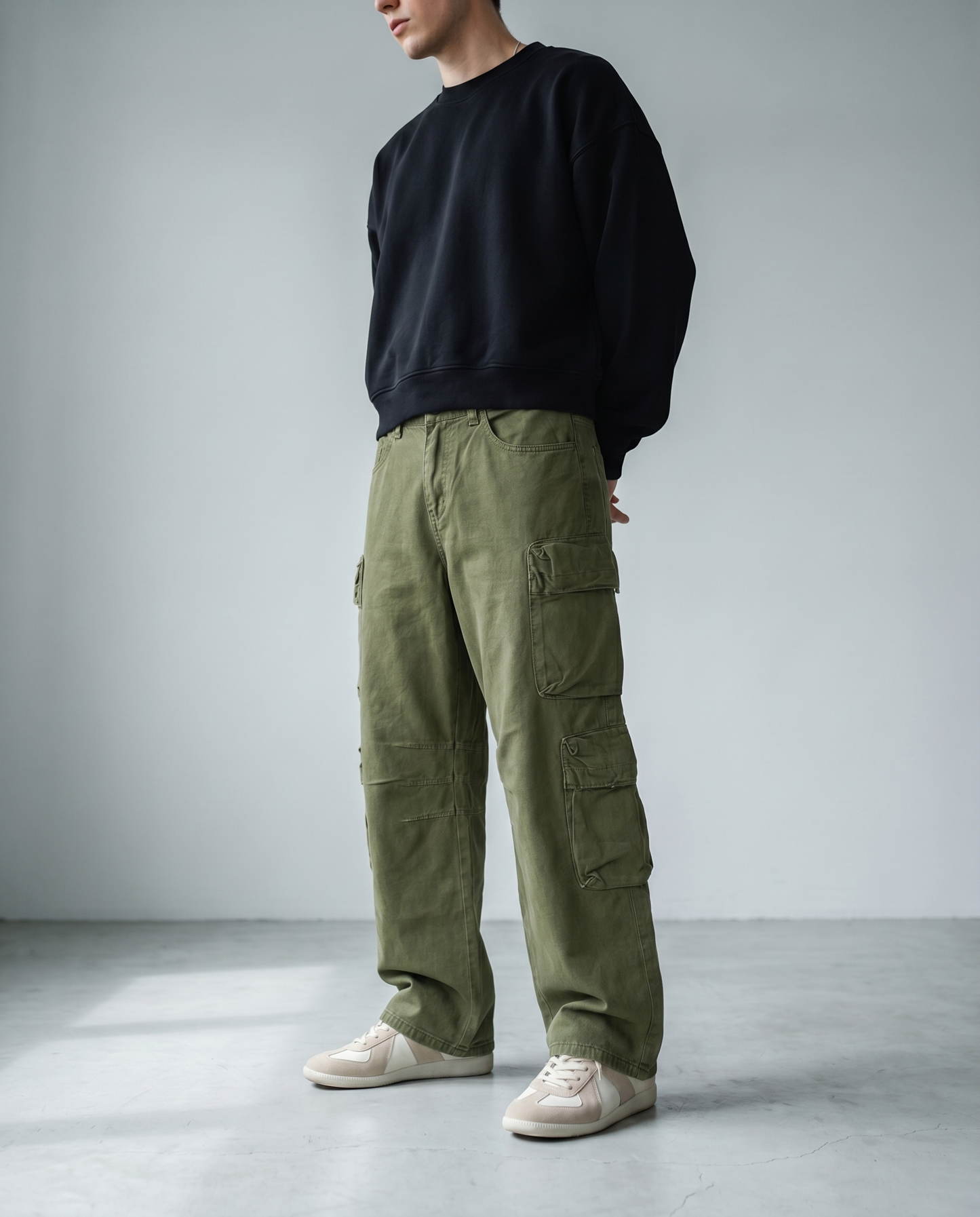 Olive Cargo Baggy Denim Front Model View