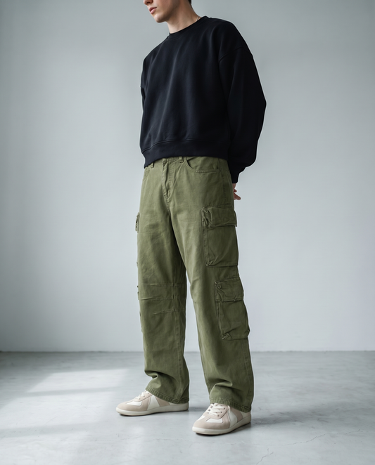 Olive Cargo Baggy Denim Front Model View