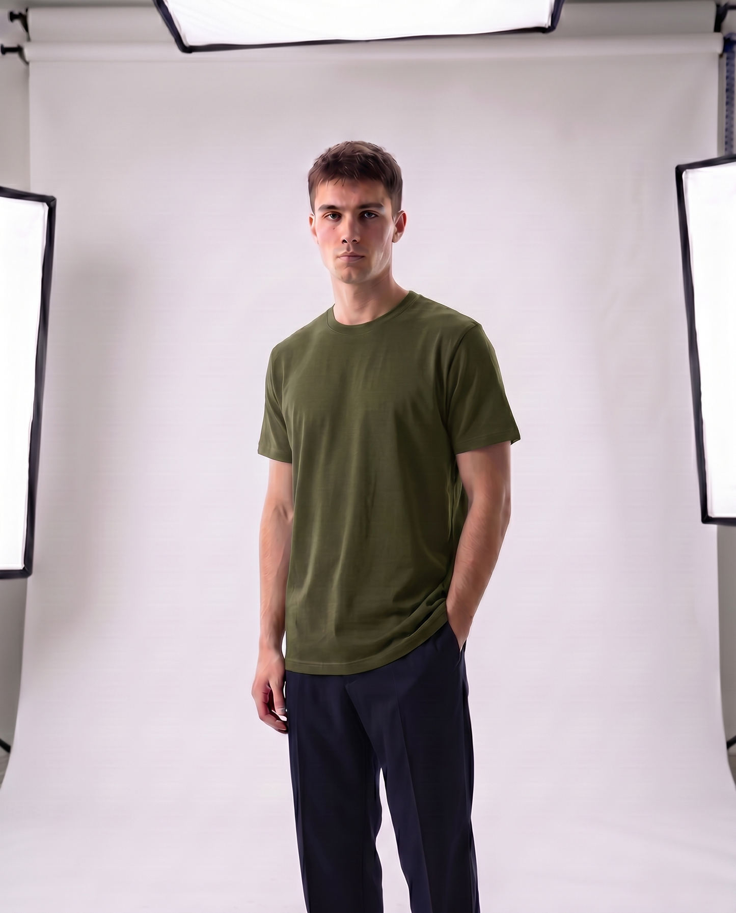 Olive Green Regular Fit Essential Tee Front Model View