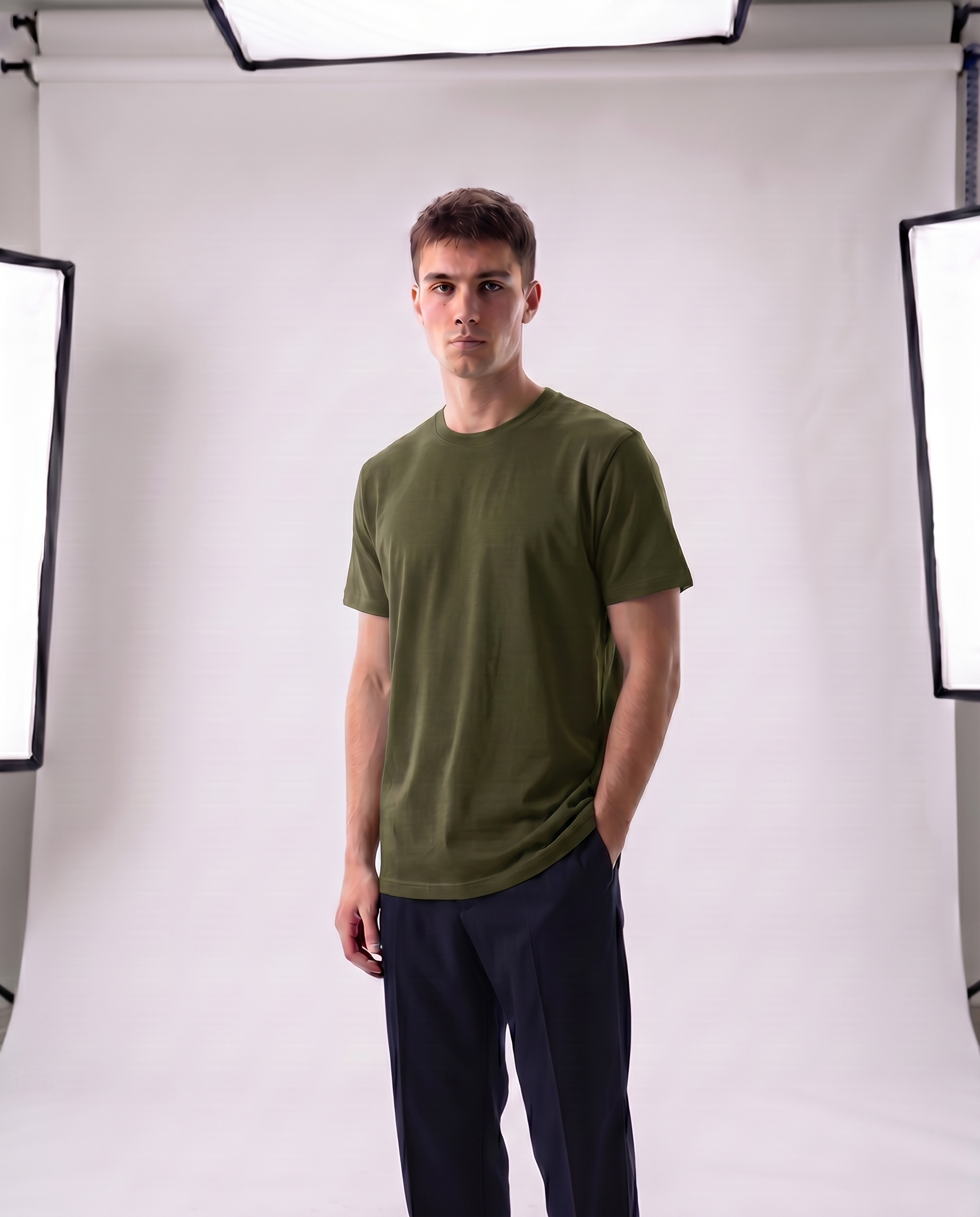 Olive Green Regular Fit Essential Tee Front Model View