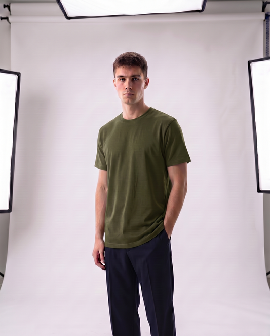 Olive Green Regular Fit Essential Tee Front Model View