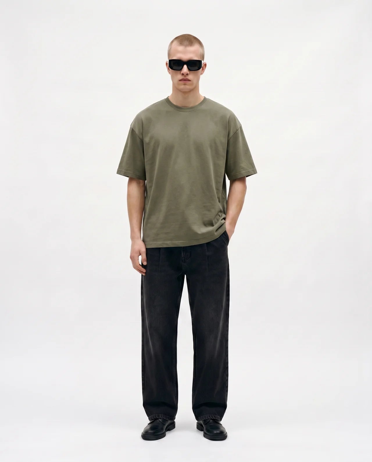 Olive Mist Oversized Drop Shoulder Tee Front Model View