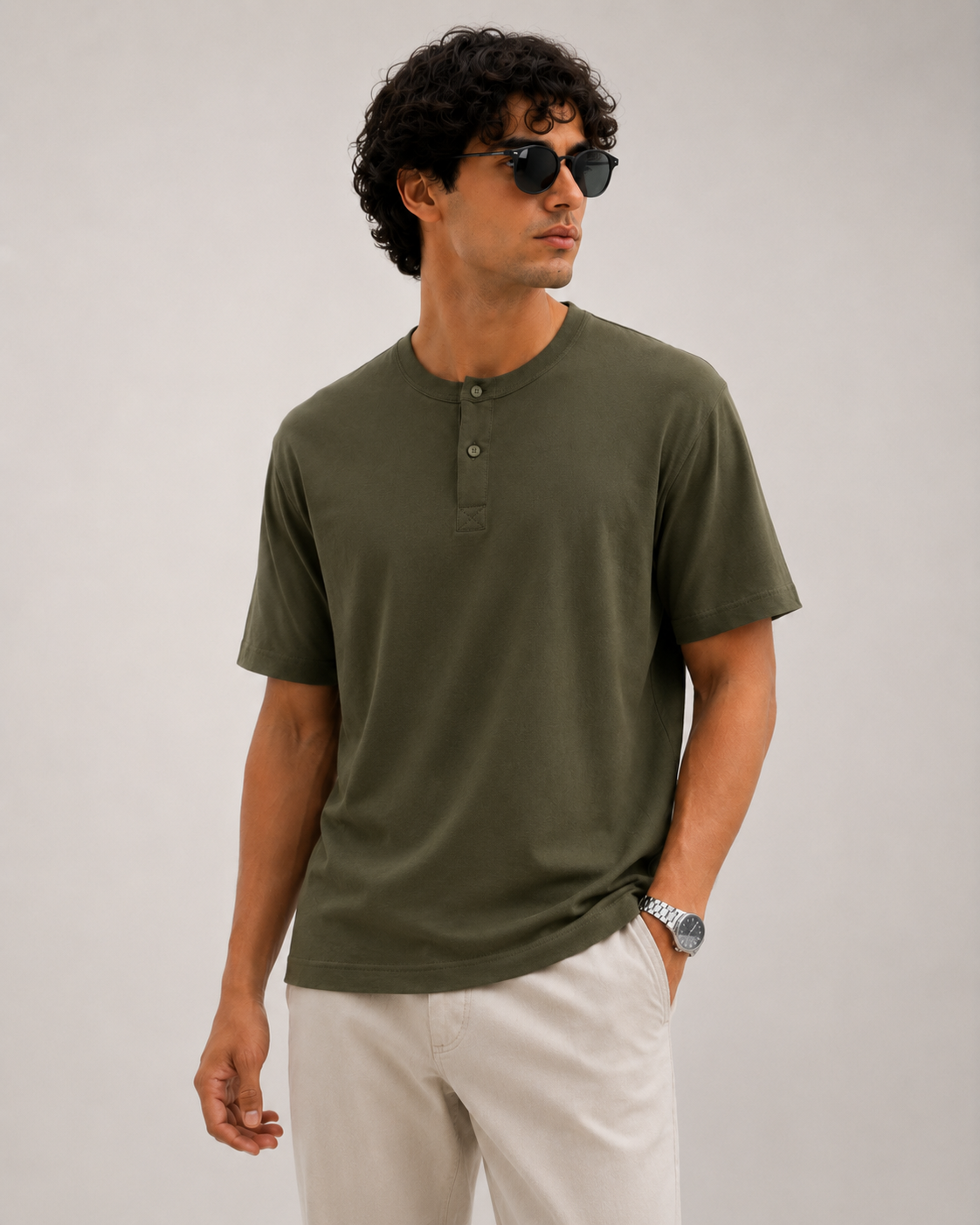 Olive Scuba Henley Tee Model Front View