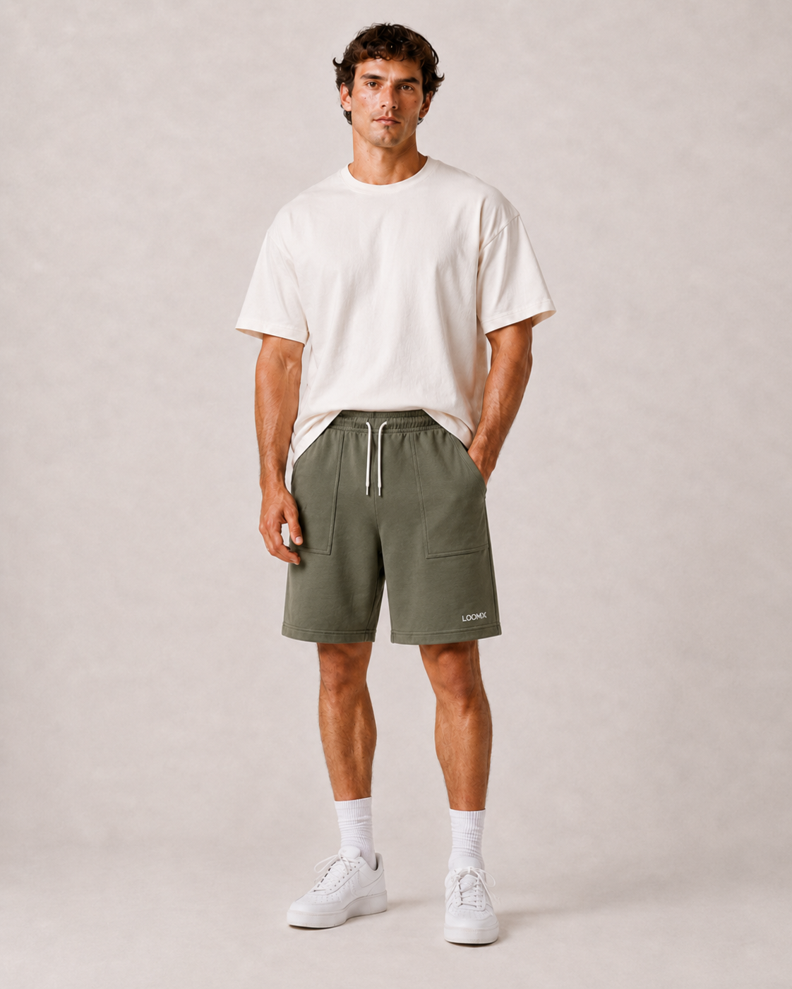 Olive Utility Pocket Shorts Model Front View