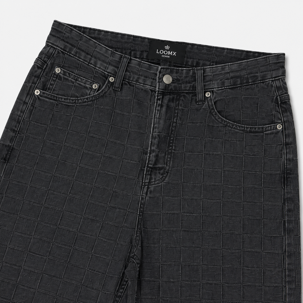 Shadow Grid Baggy Denim Front View Close Up